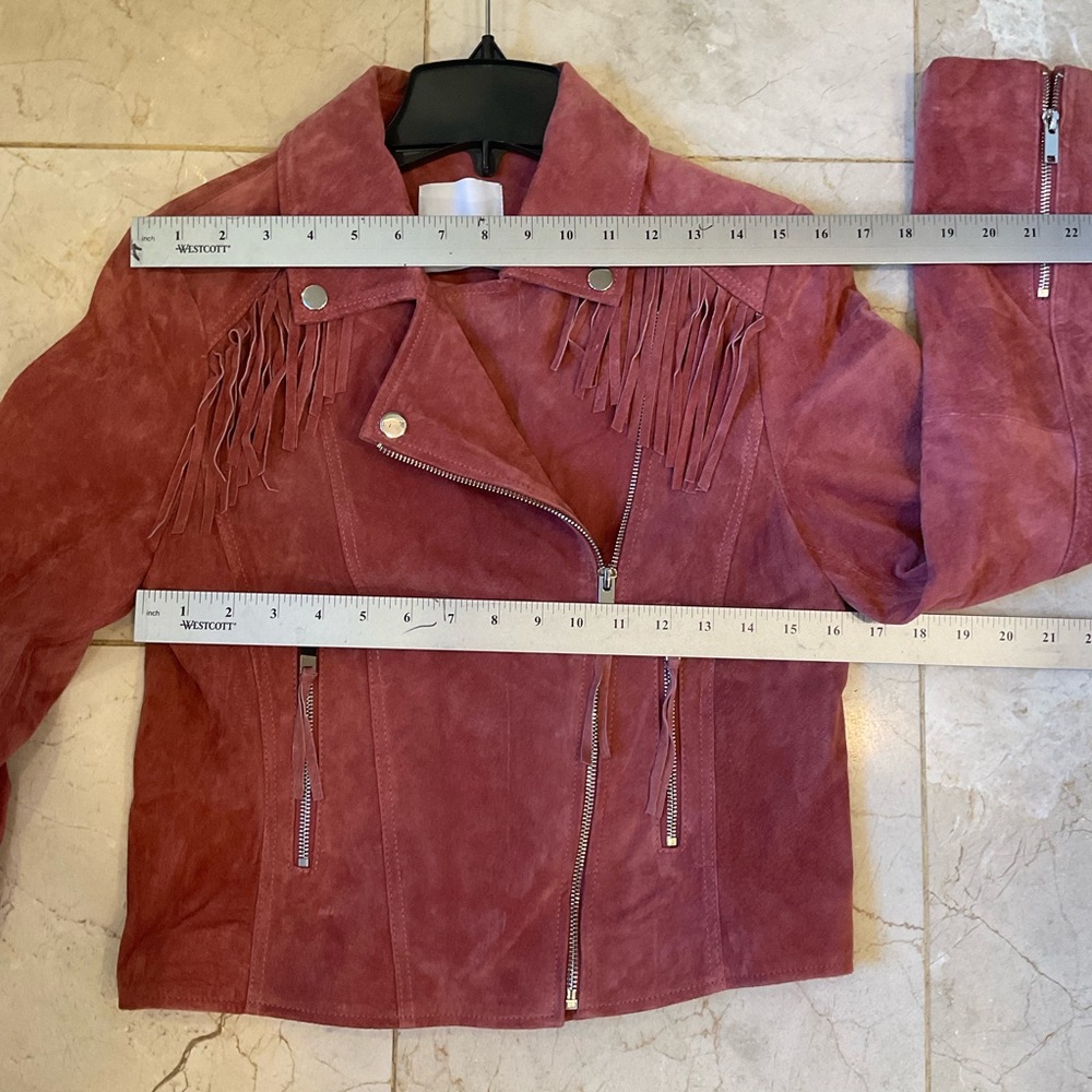 MNG Mango Leather biker fringed jacket with zipper detail, mauve color, Sz M - Picture 11 of 16